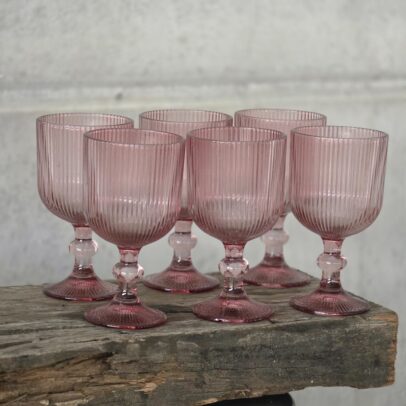 SET X 6 COPAS DE VIDRIO LABRADO RAYAS MALVA 380 ML