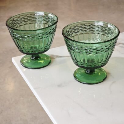 SET X 6 COMPOTERAS DE VIDRIO LABRADAS VERDE