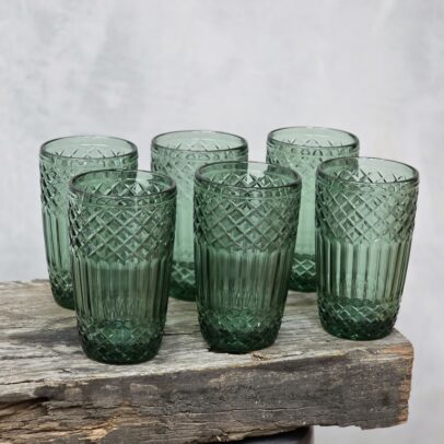 SET X 6 VASOS DE VIDRIO LABRADO VERDE