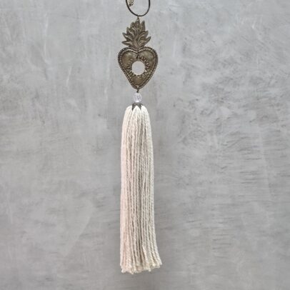 BORLA DE METAL CORAZON MEXICANO BRONCE / HILO ALGODON NATURAL