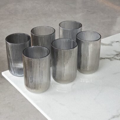 VASOS DE VIDRIO RAYAS GRIS 8*12.5CM X6 UNIDADES (17-3-4)