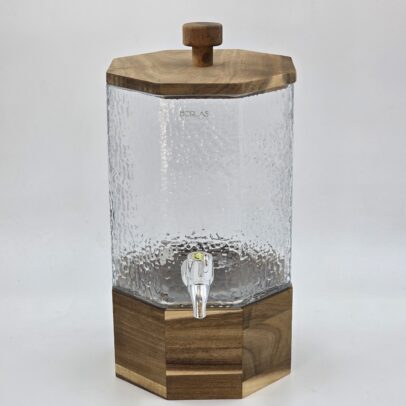 DISPENSER DE VIDRIO OCTOGONAL C/ TAPA Y BASE MADERA ACACIA X 3700 ML
