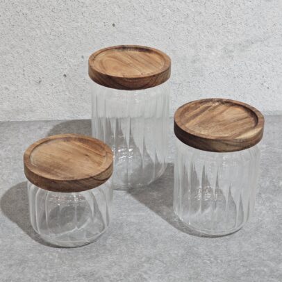 FRASCO DE VIDRIO X 3 UNIDADES TAPA MADERA9*15 CM/ 9*12 CM/ 9*9 CM( EMA 19-03)