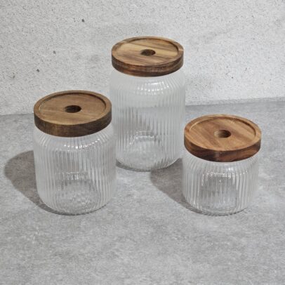 FRASCO DE VIDRIO X 3 UNIDADES TAPA DE MADERA9*15 CM/ 9*12 CM/ 9*9 CM( EMA 19-01)