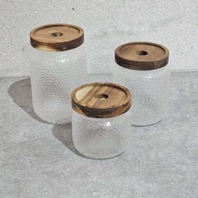 FRASCO DE VIDRIO X 3 UNIDADES TAPA DE MADERA9*15 CM/ 9*12 CM/ 9*9 CM( EMA 19-02)
