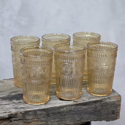 SET X 6 VASOS DE VIDRIO LABRADOS AMBAR 380 ML