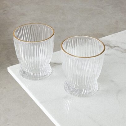 VASO TRANSPARENTE BORDE DORADO8*7*9.5 CM 300MLX 6 UNIDADES(HE 22)