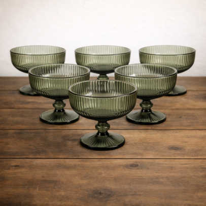 SET X 6 COMPOTERAS DE VIDRIO LABRADAS VERDE (EMC31-7)