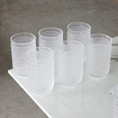 VASO DE VIDRIO LABRADO TRANSPARENTE 7.7*12.7CM (EMC56-2)