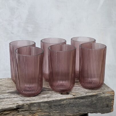 SET X 6 VASOS DE VIDRIO RAYAS  MALVA CLARO 430 ML