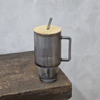 JARRITO DE VIDRIO RAYADO ACANALADO GRIS CON SORBETE 8.8*18.3cm 710ML (EMC31-16)