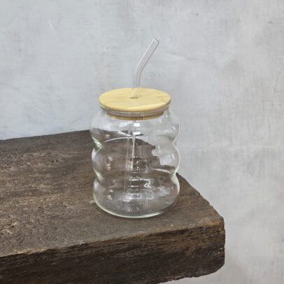 JARRITO DE VIDRIO TAPA DE MADERA CON SORBETE  7*12CM 600ML (EMC30-5)