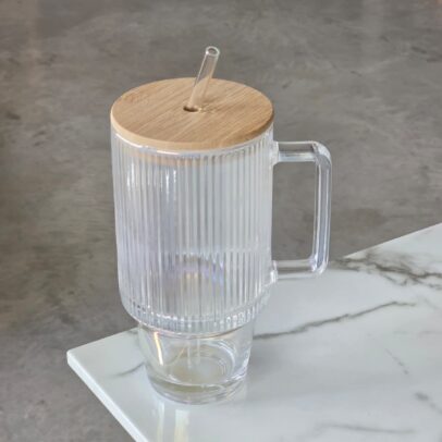 JARRITO DE VIDRIO RAYADO ACANALADO TRANSPARENTE TORNASOL CON SORBETE 8.8*18.3cm 710ML  (EMC31-17)