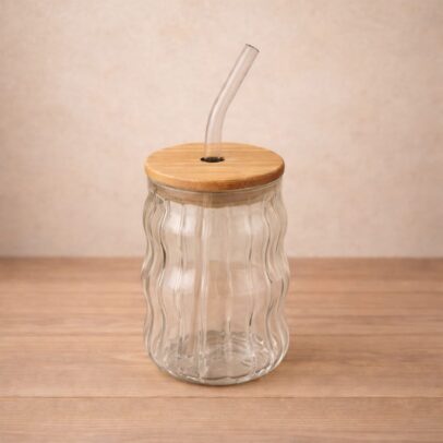 JARRITO DE VIDRIO TAPA DE MADERA CON SORBETE 7*12CM (EMC30-5)