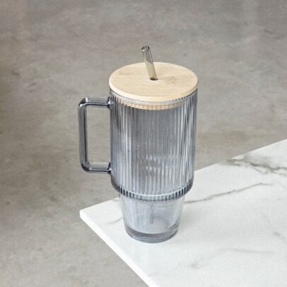 JARRITO DE VIDRIO RAYADO ACANALADO GRIS CON SORBETE 8.8*18.3cm 710ML (EMC31-16)