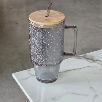JARRITO DE VIDRIO LABRADO GRIS CON SORBETE 8.8*18.3cm 710ML (EMC31-18)