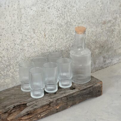 PACK X 7 / BOTELLA 900 ML Y 6 VASOS APILABLES 250ML TRANSPARENTES