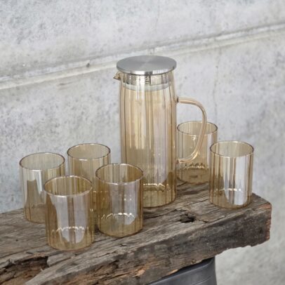 SET X 7. JARRA 1100 ML / 6 VASOS 300 ML VIDRIO COLOR AMBAR