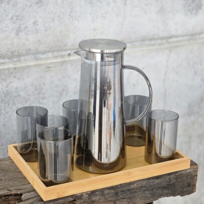 SET X 8. JARRA 1450 ML / 6 VASOS 280 ML BANDEJA 6.5*10CM X 8.2*24.2 CM VIDRIO BLACK