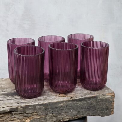 SET X 6 VASOS DE VIDRIO RAYAS  MALVA OSCURO 430 ML