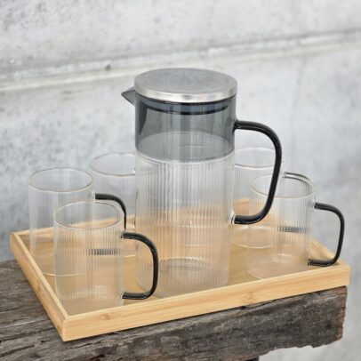 SET X 8. JARRA 1400 ML / 6 TAZAS 310 ML BANDEJA 7*10CM X 10*21 CM VIDRIO TRANSP/BLACK