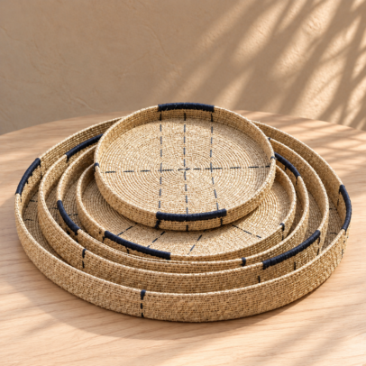 SET X 5 BANDEJAS BANJUT FIBRAS NATURALES NATURAL - BLACK 40 / 35 / 30 / 25 / 20 CM